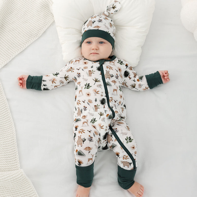 Combinaison barboteuse Bébé blanche Motif Vert Forêt  – Kassyfamily’s.