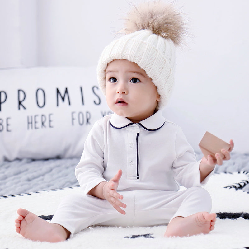 Ensemble bébé 2 pièces blanc et bleu marine – Polo manches longues et pantalon Kassyfamily's
