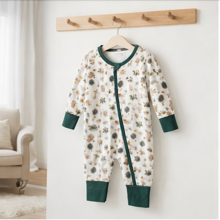 Combinaison barboteuse Bébé blanche Motif Vert Forêt  – Kassyfamily’s.
