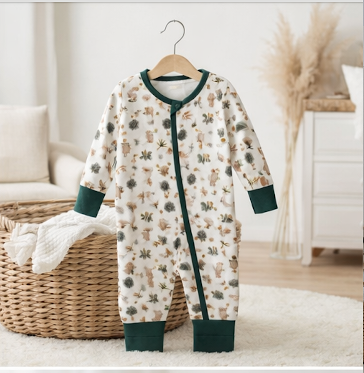 Combinaison barboteuse Bébé blanche Motif Vert Forêt  – Kassyfamily’s.