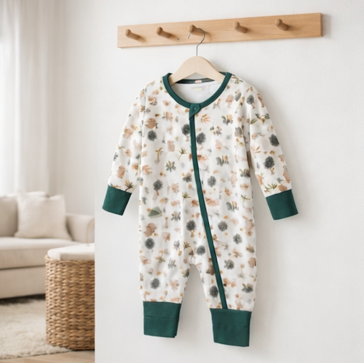 Combinaison barboteuse Bébé blanche Motif Vert Forêt  – Kassyfamily’s.