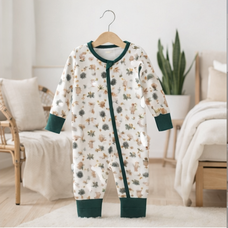 Combinaison barboteuse Bébé blanche Motif Vert Forêt  – Kassyfamily’s.