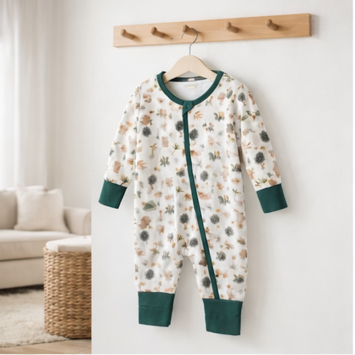 Combinaison barboteuse Bébé blanche Motif Vert Forêt  – Kassyfamily’s.