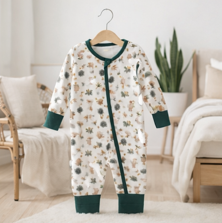 Combinaison barboteuse Bébé blanche Motif Vert Forêt  – Kassyfamily’s.
