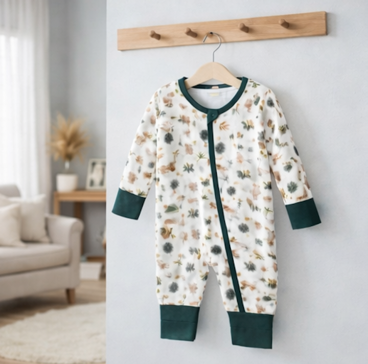 Combinaison barboteuse Bébé blanche Motif Vert Forêt  – Kassyfamily’s.