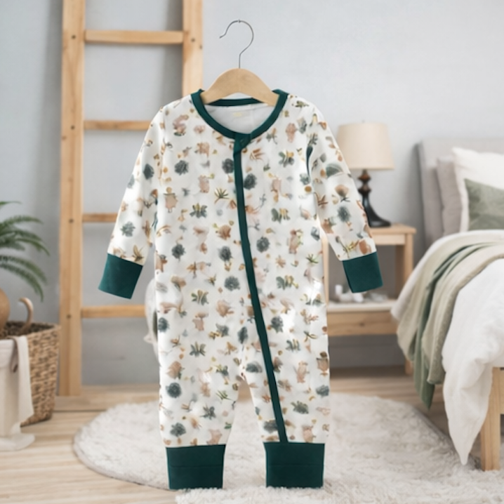 Combinaison barboteuse Bébé blanche Motif Vert Forêt  – Kassyfamily’s.