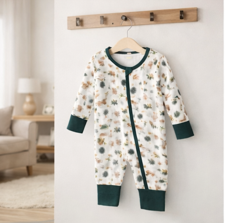 Combinaison barboteuse Bébé blanche Motif Vert Forêt  – Kassyfamily’s.