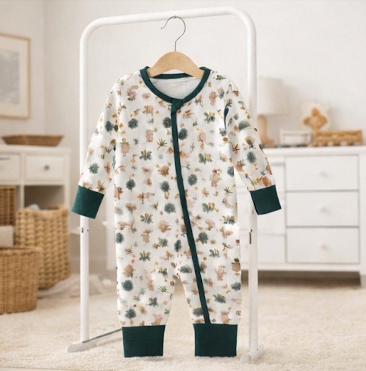 Combinaison barboteuse Bébé blanche Motif Vert Forêt  – Kassyfamily’s.