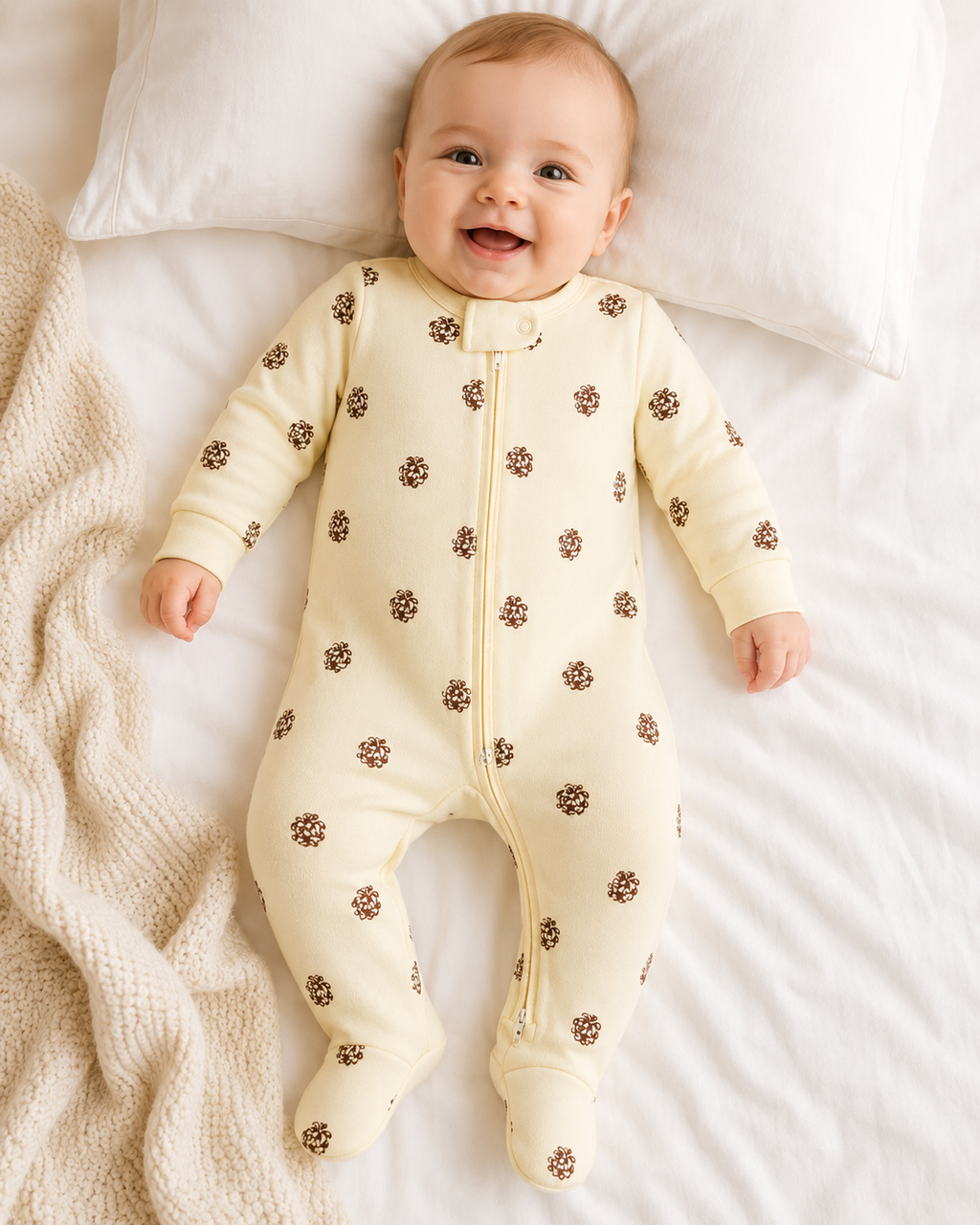 Combinaison bébé zippée à pieds motif pommes de pin – Kassyfamily’s