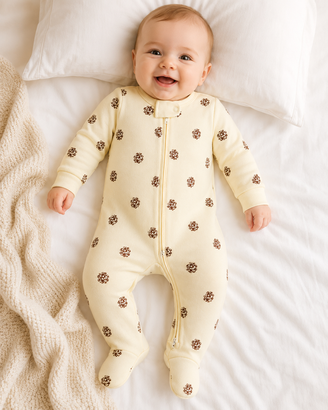 Combinaison bébé zippée à pieds motif pommes de pin – Kassyfamily’s