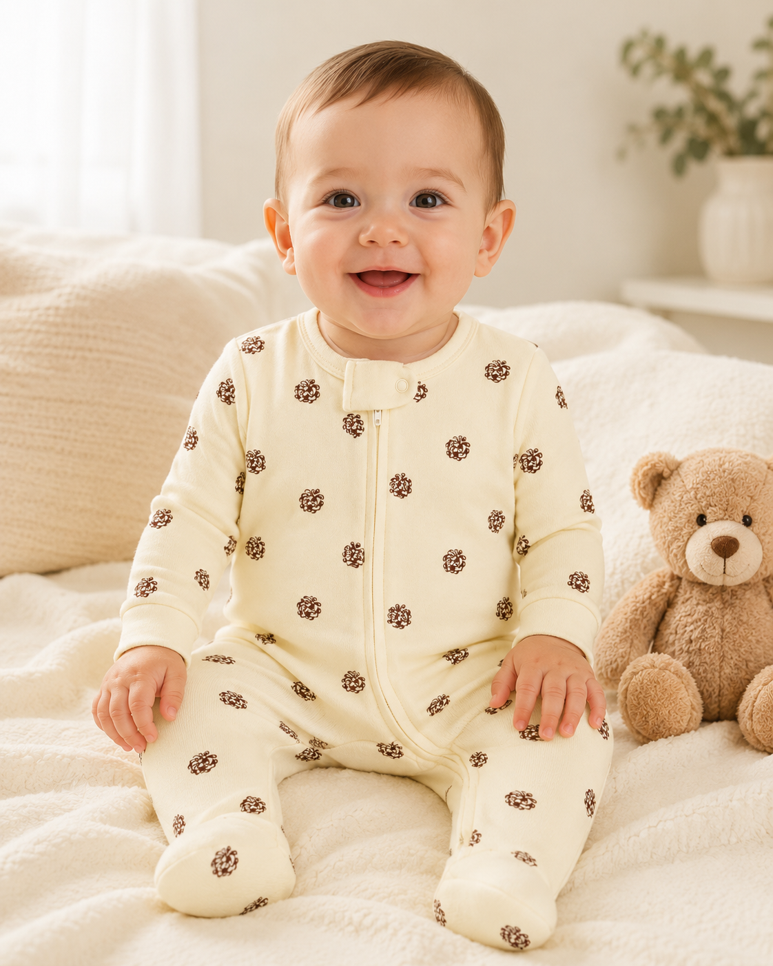 Combinaison bébé zippée à pieds motif pommes de pin – Kassyfamily’s