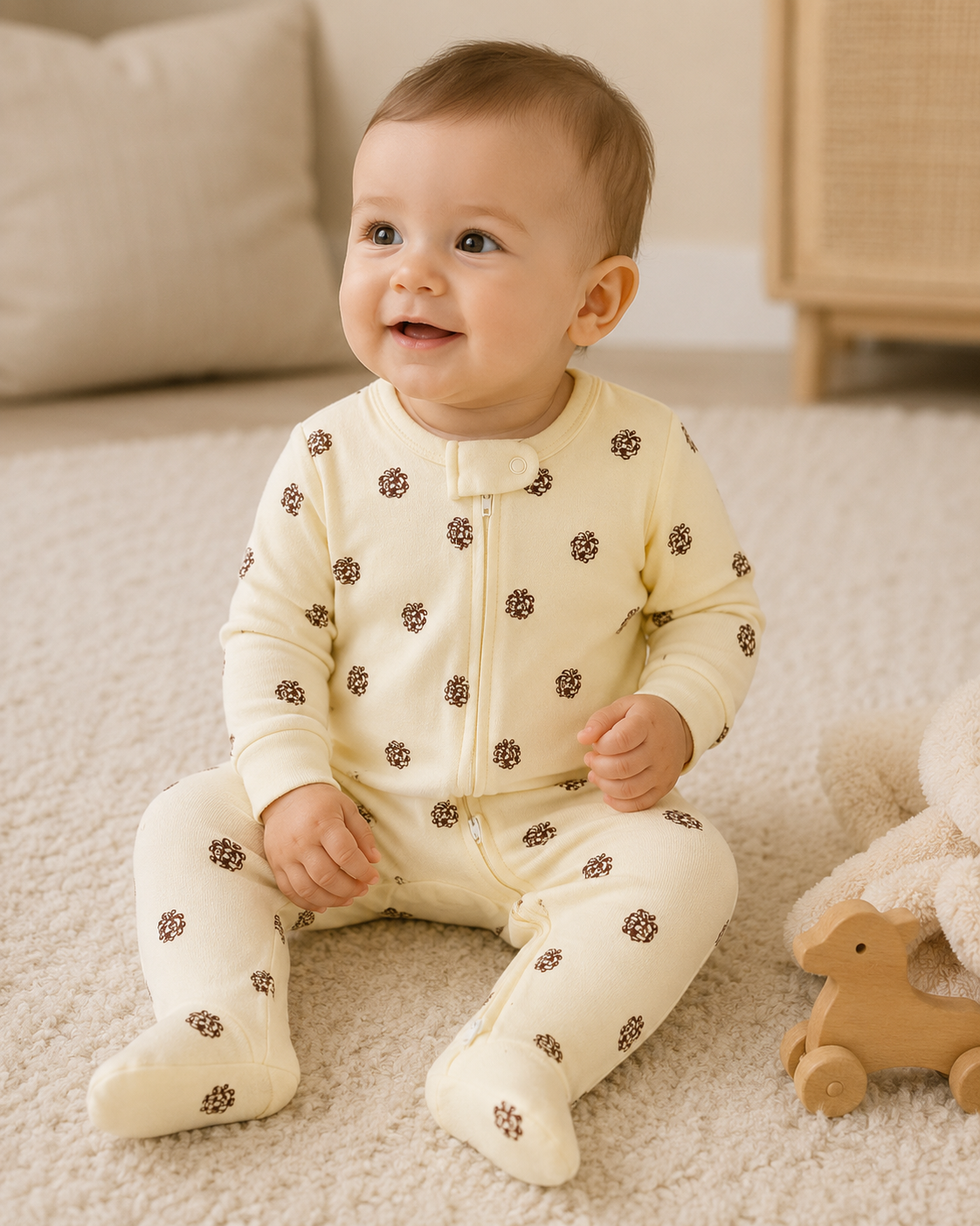 Combinaison bébé zippée à pieds motif pommes de pin – Kassyfamily’s