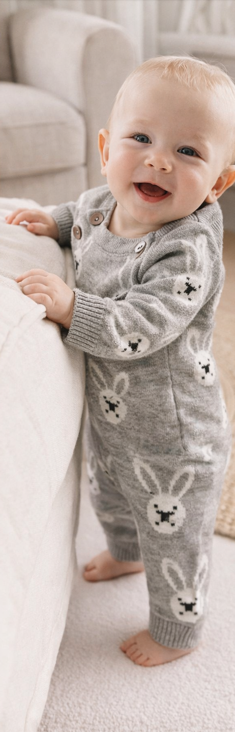 Combinaison bébé en tricot Coton gris motif lapin blanc – Kassyfamily’s
