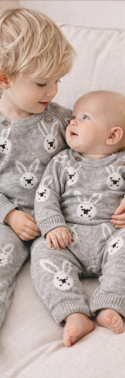 Combinaison bébé en tricot Coton gris motif lapin blanc – Kassyfamily’s