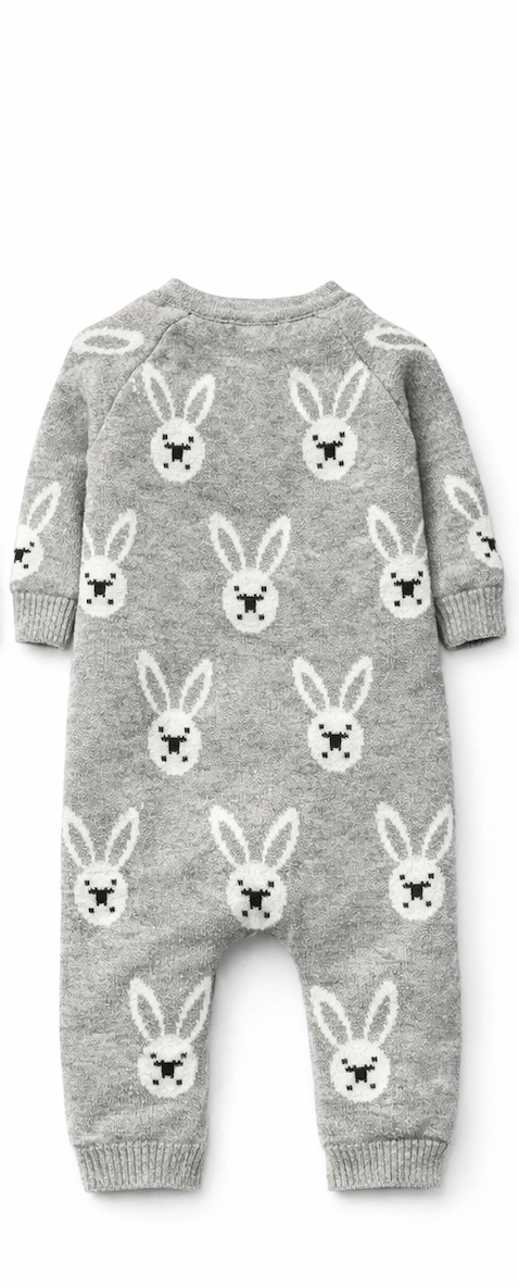 Combinaison bébé en tricot Coton gris motif lapin blanc – Kassyfamily’s