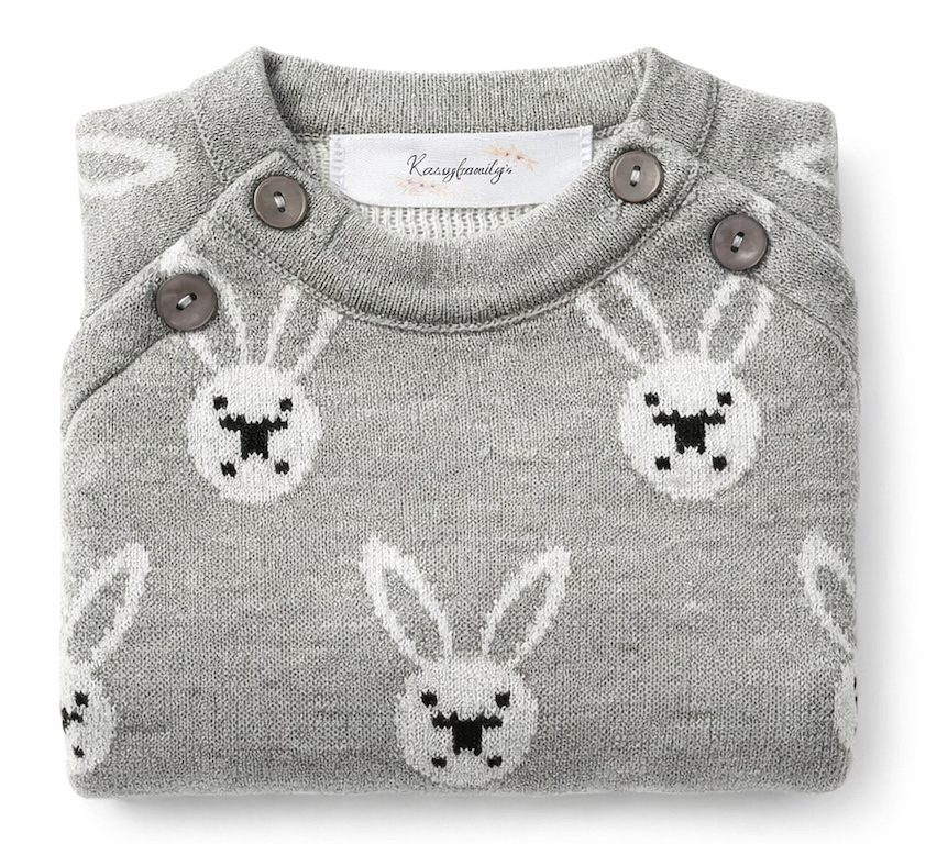 Combinaison bébé en tricot Coton gris motif lapin blanc – Kassyfamily’s