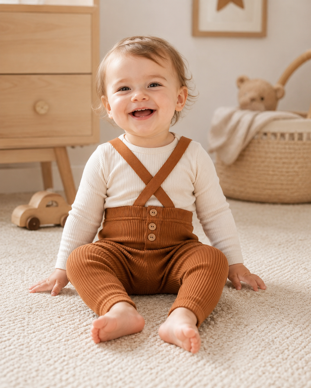 Pantalon salopette bébé côtelé marron à bretelles Kassyfamily's - Style Vintage Taille Élastique