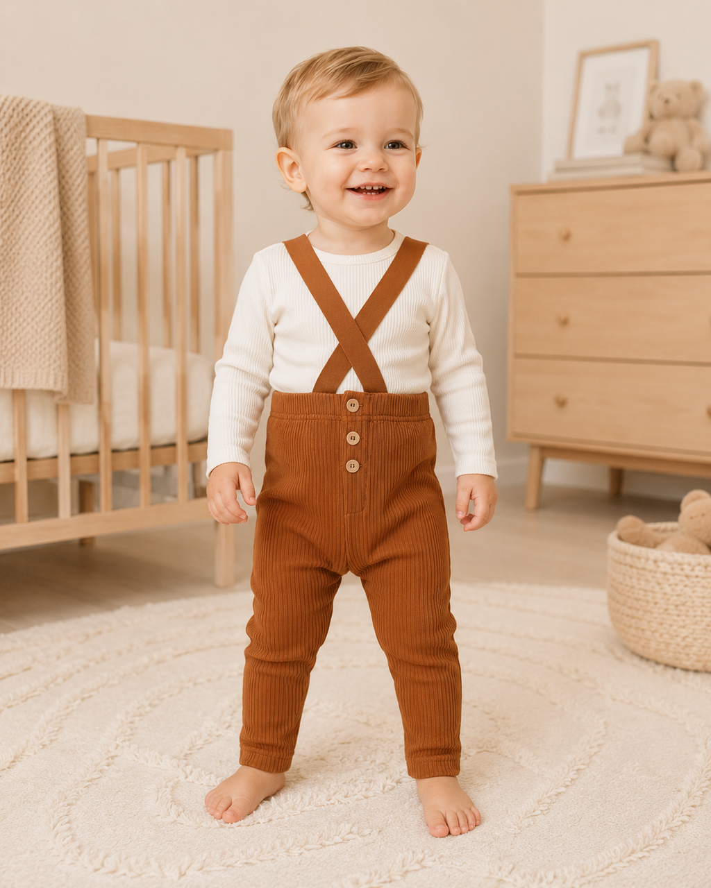 Pantalon salopette bébé côtelé marron à bretelles Kassyfamily's - Style Vintage Taille Élastique