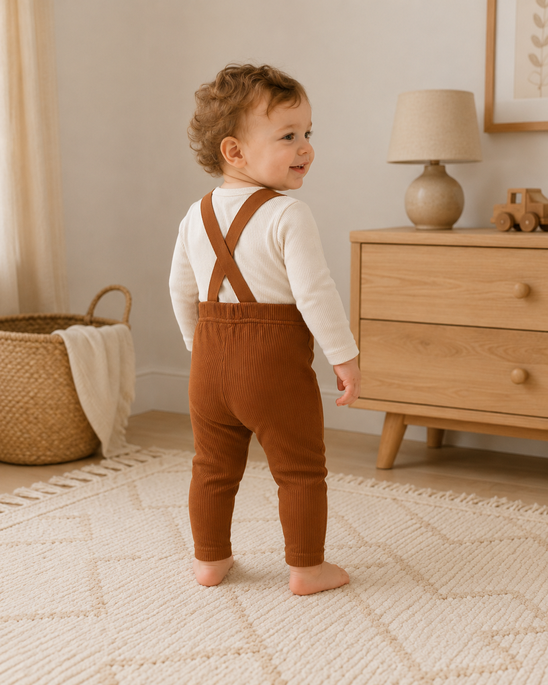 Pantalon salopette bébé côtelé marron à bretelles Kassyfamily's - Style Vintage Taille Élastique
