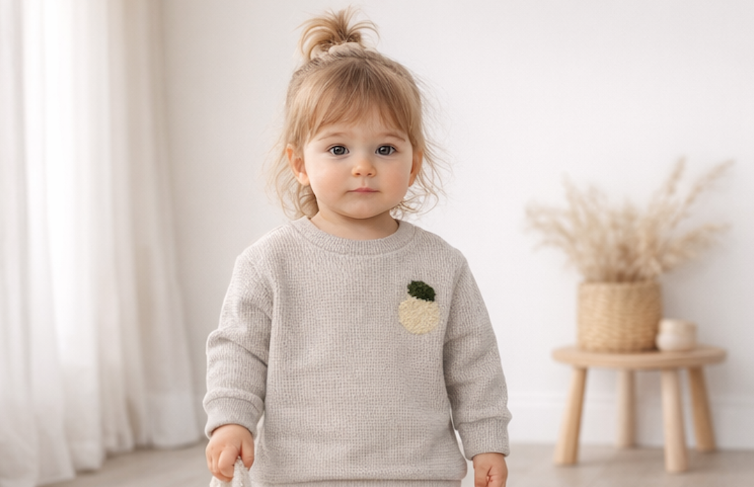Pull gris clair motif pomme – 100 % coton 🍏