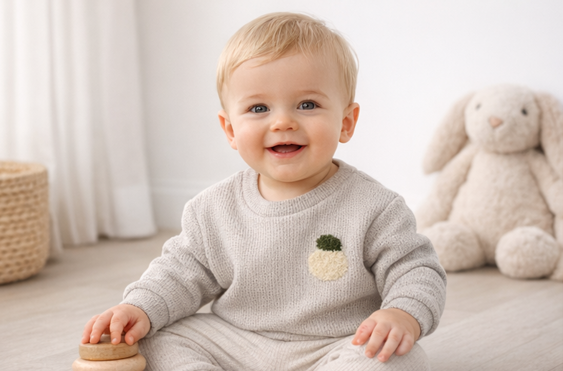 Pull gris clair motif pomme – 100 % coton 🍏