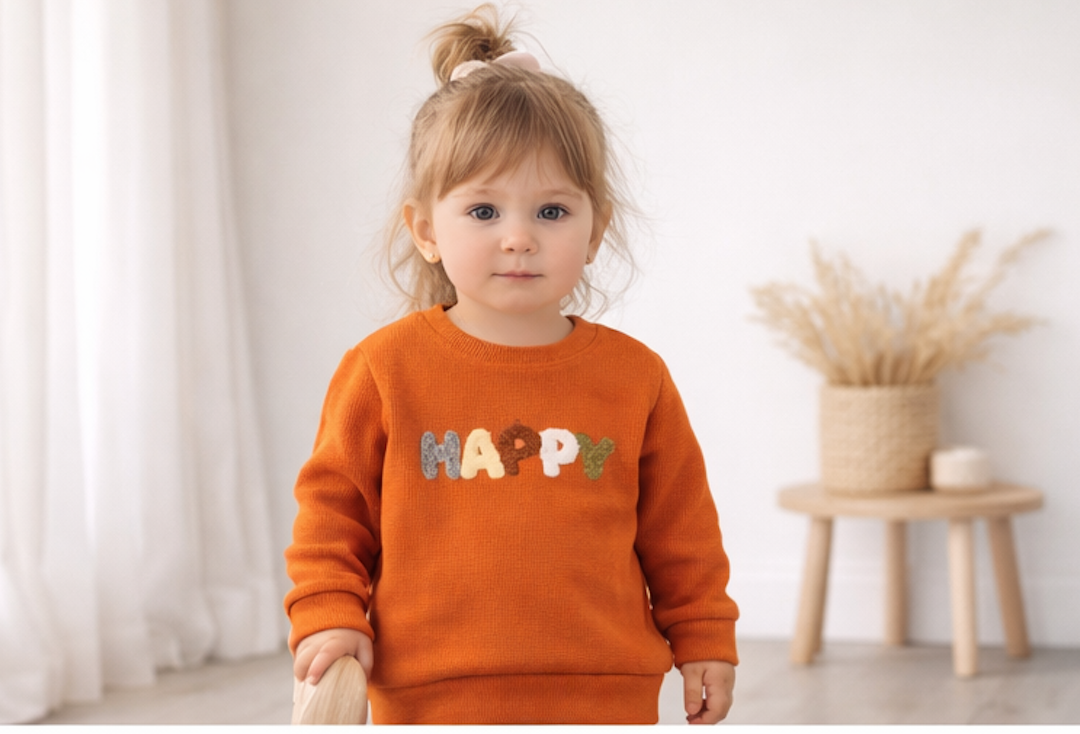 Pull bébé orange « HAPPY » – 100 % coton 🧡