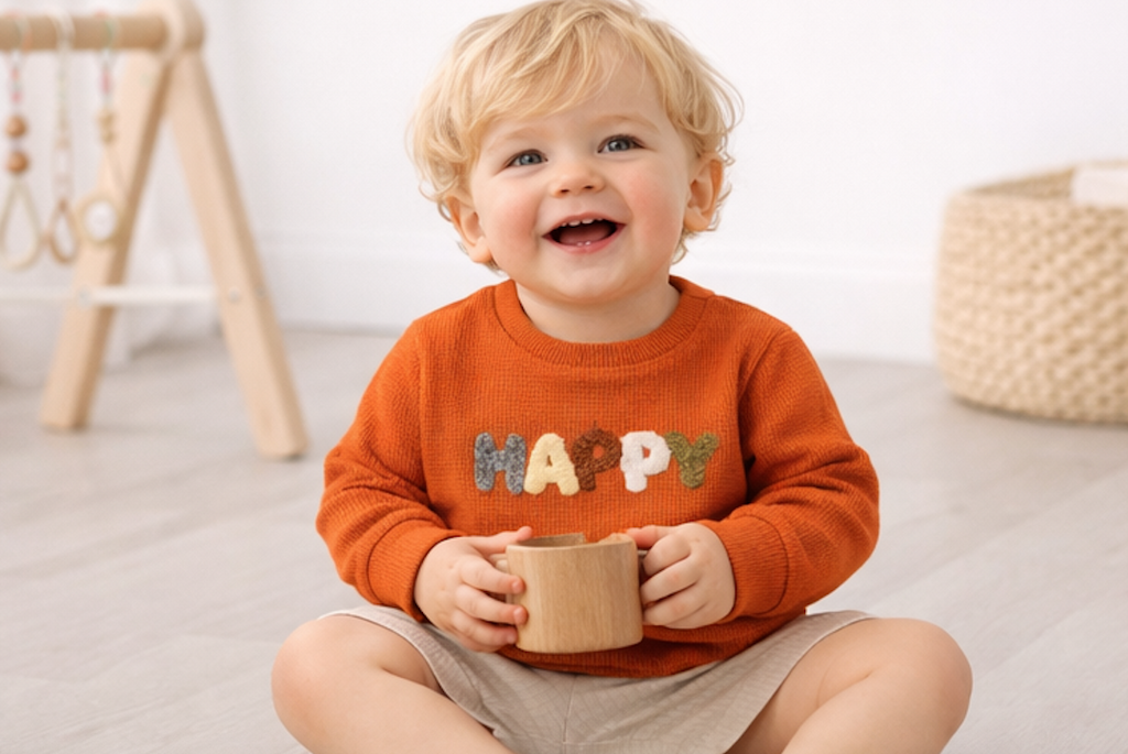 Pull bébé orange « HAPPY » – 100 % coton 🧡
