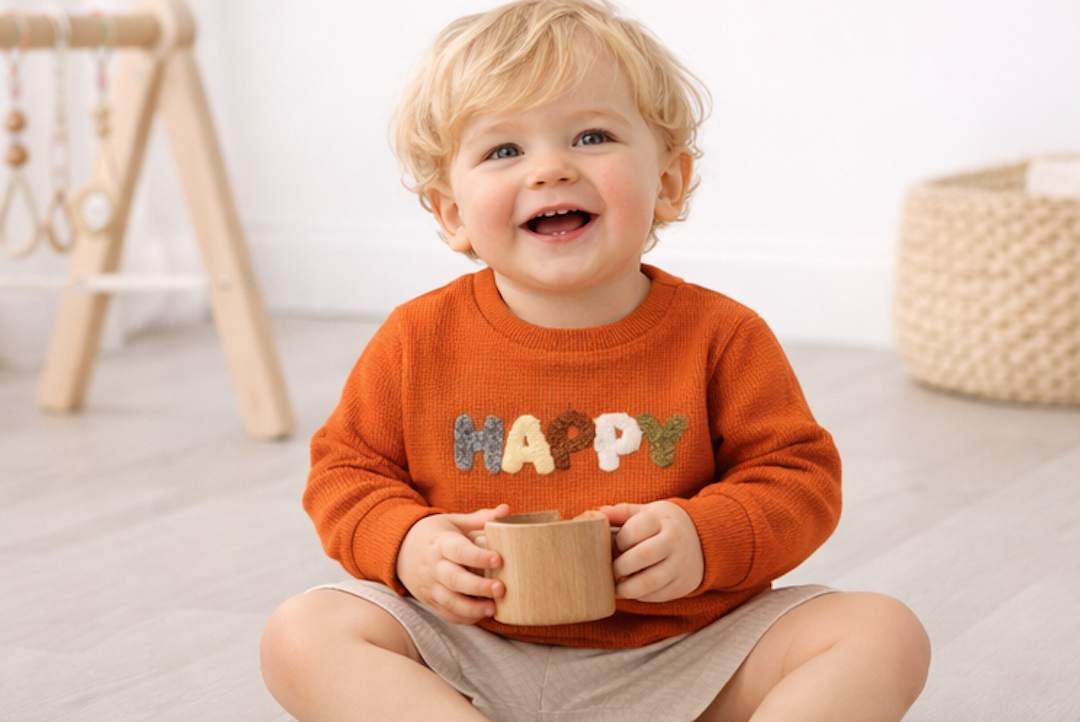 Pull bébé orange « HAPPY » – 100 % coton 🧡