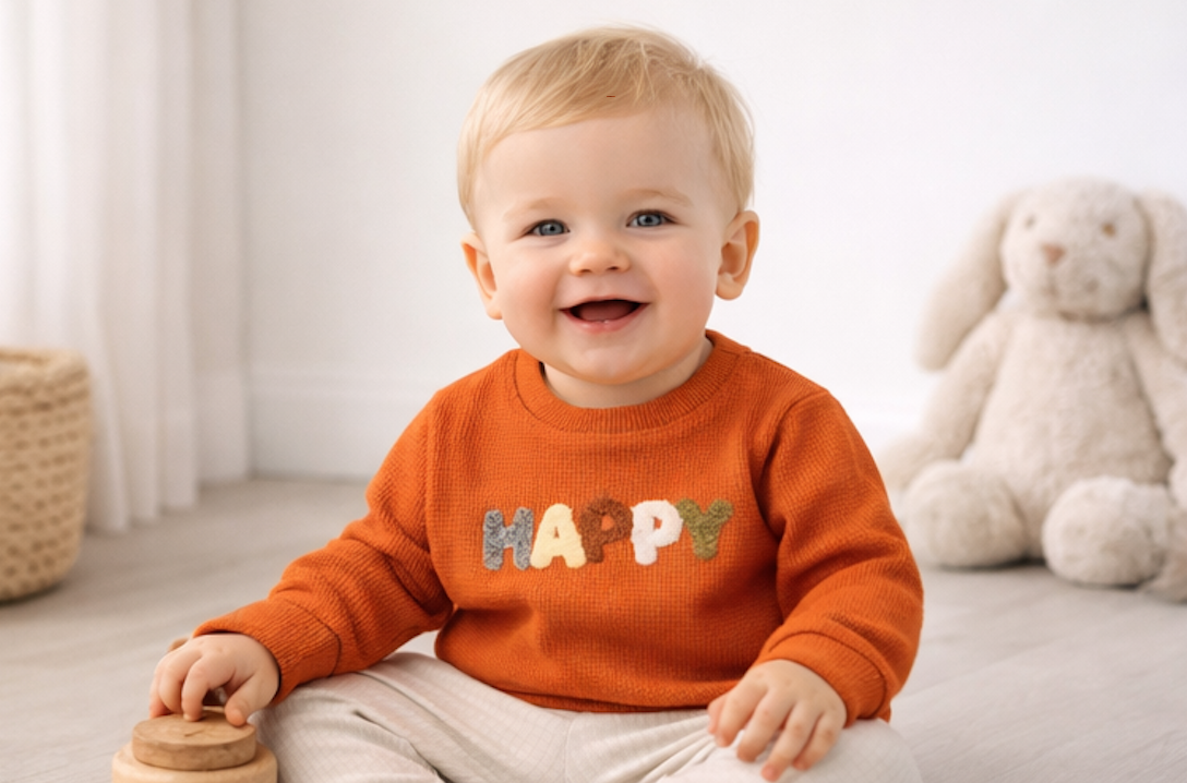 Pull bébé orange « HAPPY » – 100 % coton 🧡