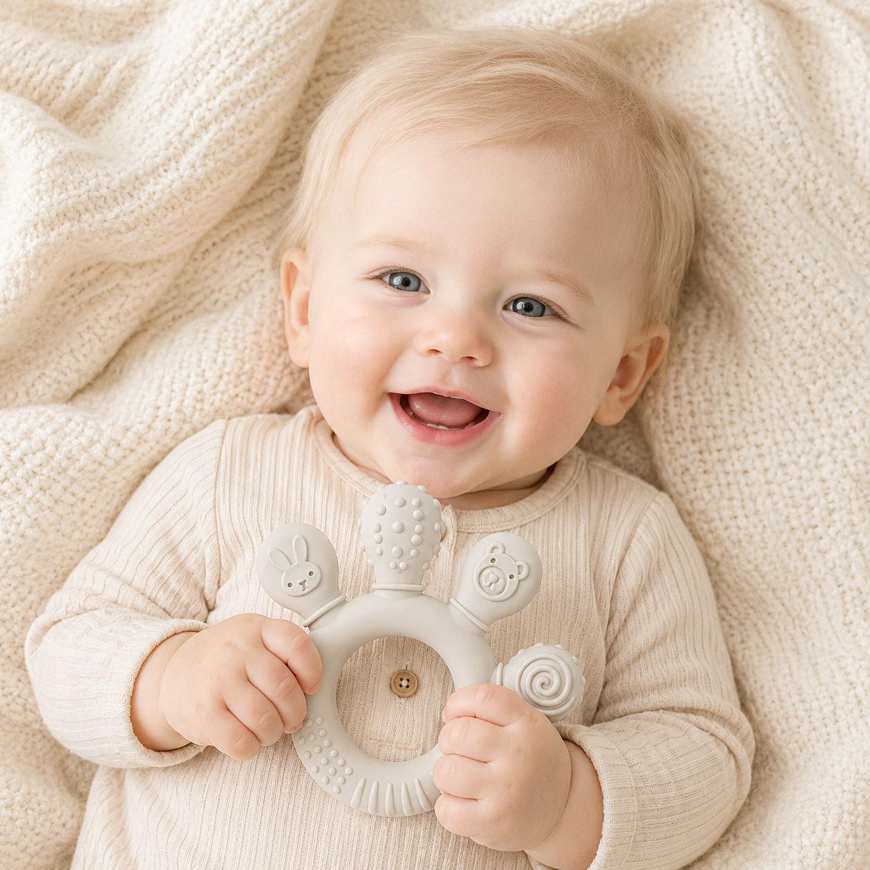 Anneau de dentition rond pour bébé – doux, ludique & facile à attraper Plusieurs colories disponibles - Kassyfamily’s