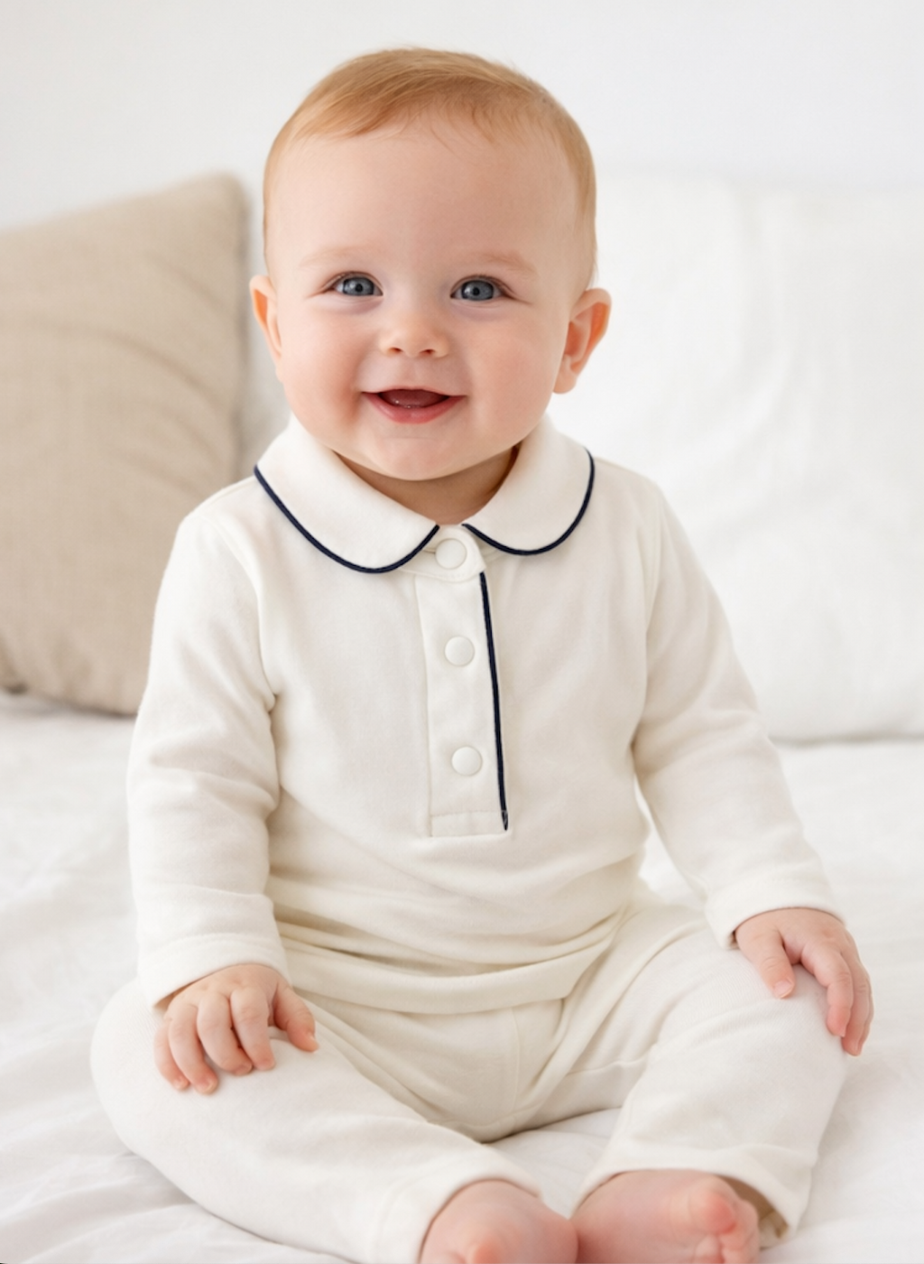 Ensemble bébé 2 pièces blanc et bleu marine – Polo manches longues et pantalon Kassyfamily's