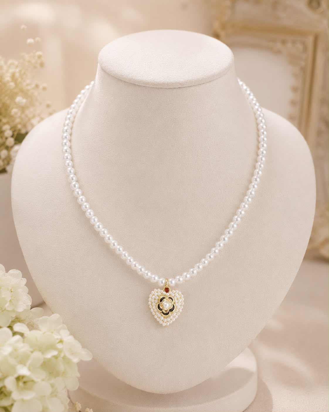 Collier pendentif coeur perlé avec rose - Kassyfamily’s