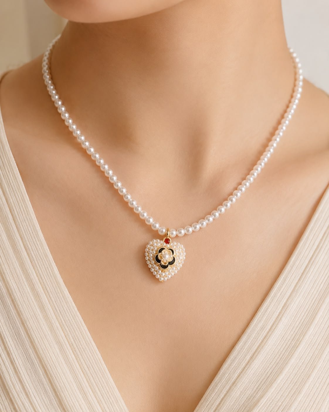 Collier pendentif coeur perlé avec rose - Kassyfamily’s