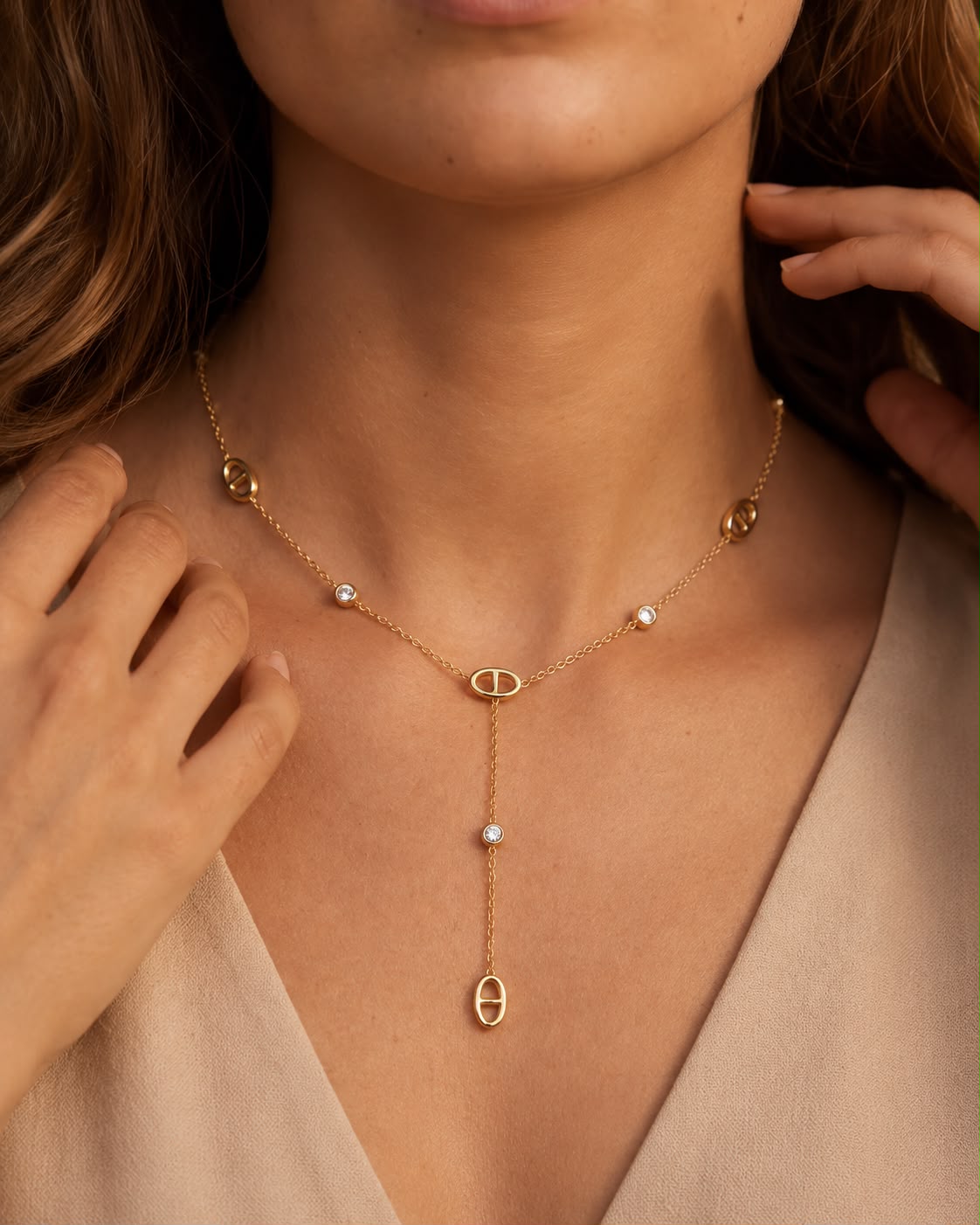 Collier sautoir Y doré avec strass - Acier inoxidable - Kassyfamily’s
