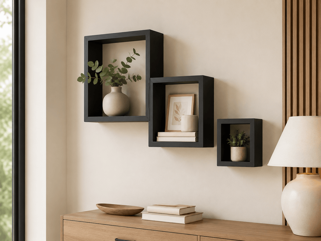 Lot de 3 étagères murales carrées noires – Wooden Wall Boxes - Kassyfamily’s