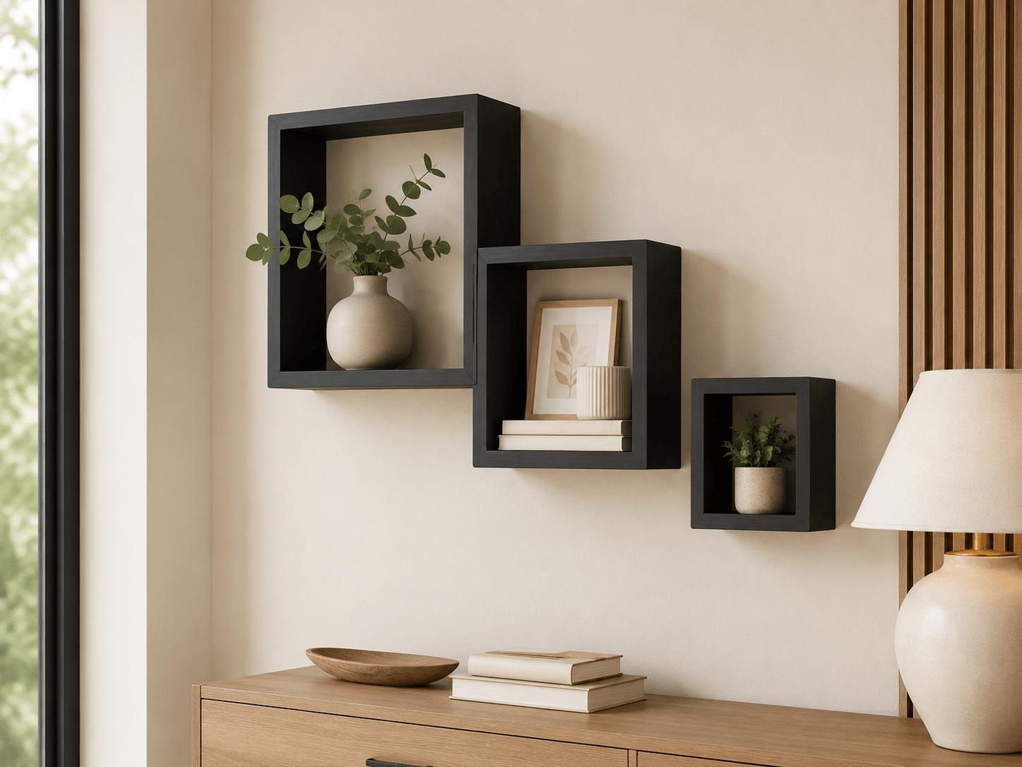 Lot de 3 étagères murales carrées noires – Wooden Wall Boxes - Kassyfamily’s