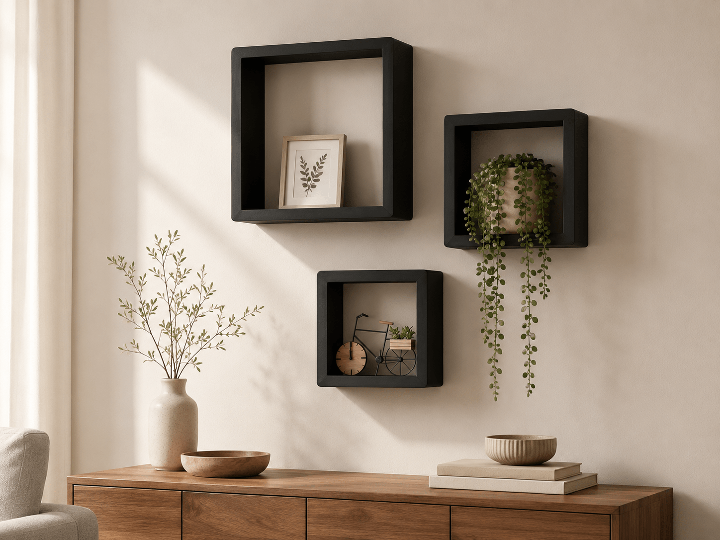 Lot de 3 étagères murales carrées noires – Wooden Wall Boxes - Kassyfamily’s