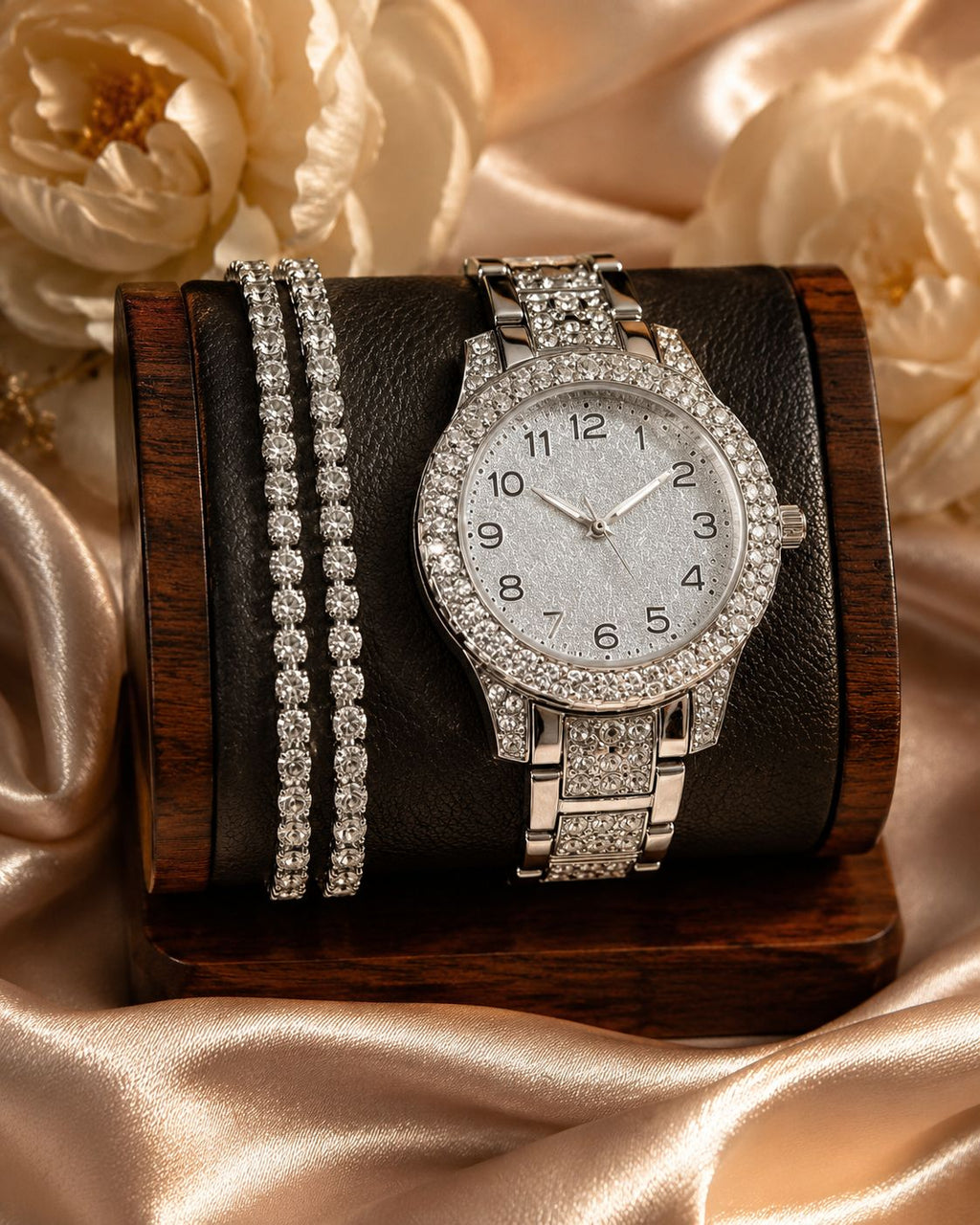 Parure Bijoux Femme Argentée Strass - Montre Deux Bracelets Boucles d'oreilles Bague Collier - Kassyfamily’s
