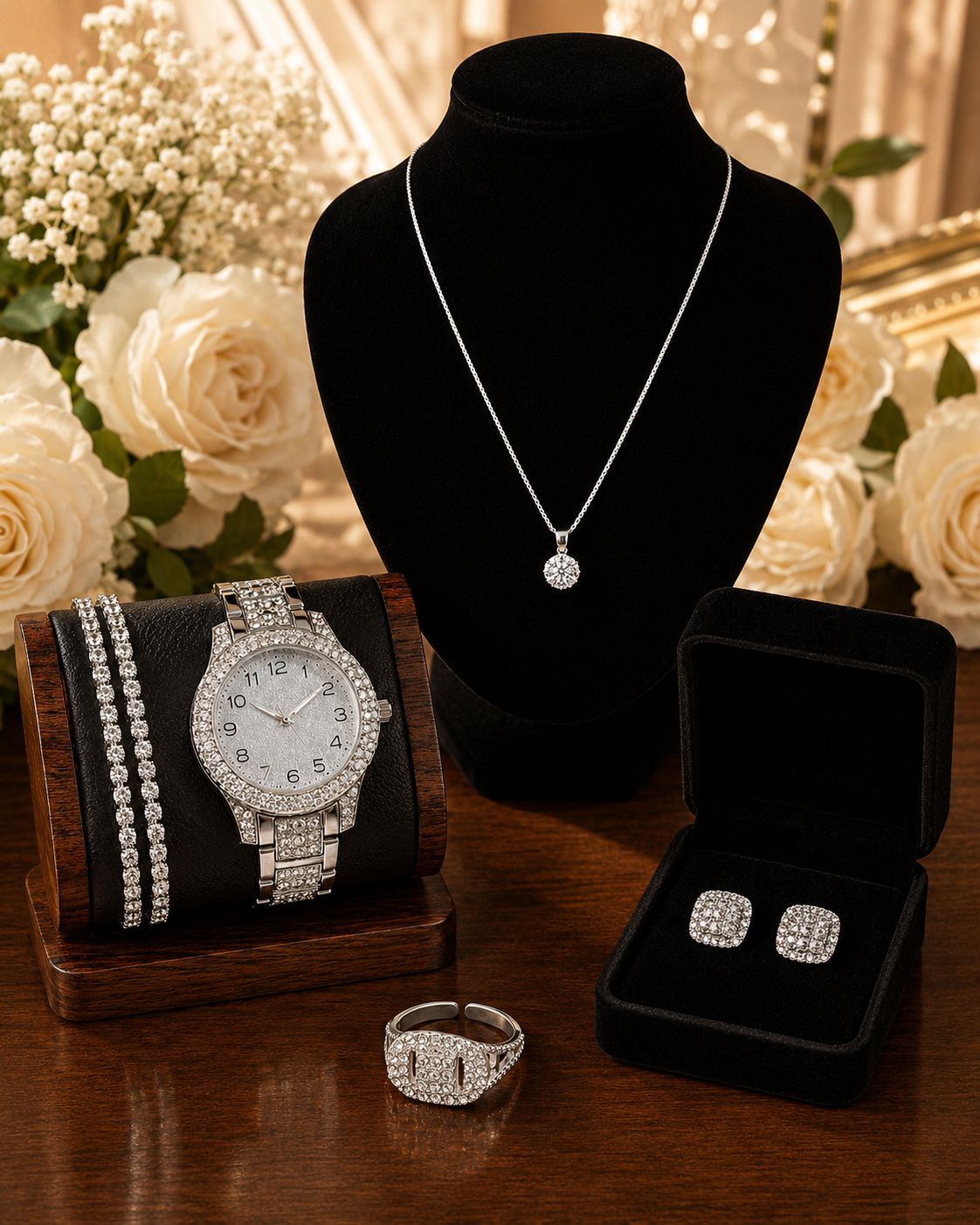 Parure Bijoux Femme Argentée Strass - Montre Deux Bracelets Boucles d'oreilles Bague Collier - Kassyfamily’s