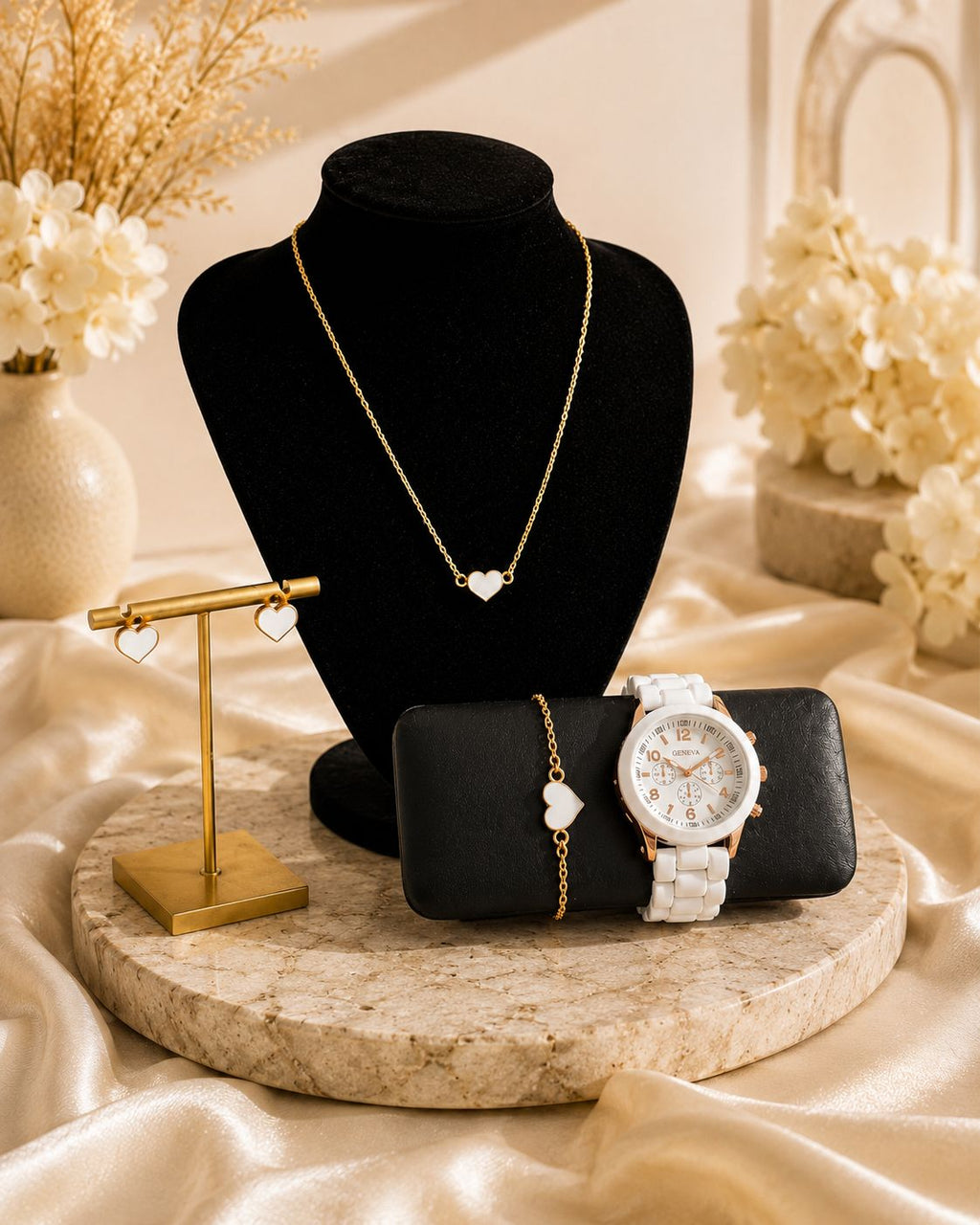 Parure Bijoux Femme Coeur Blanc et Dorée Rosée - Montre Bracelet collier boucles d'oreilles - Kassyfamily’s