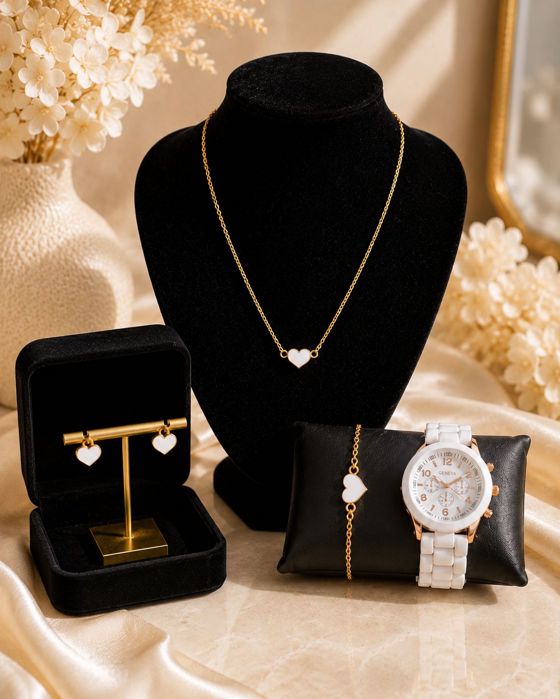 Parure Bijoux Femme Coeur Blanc et Dorée Rosée - Montre Bracelet collier boucles d'oreilles - Kassyfamily’s