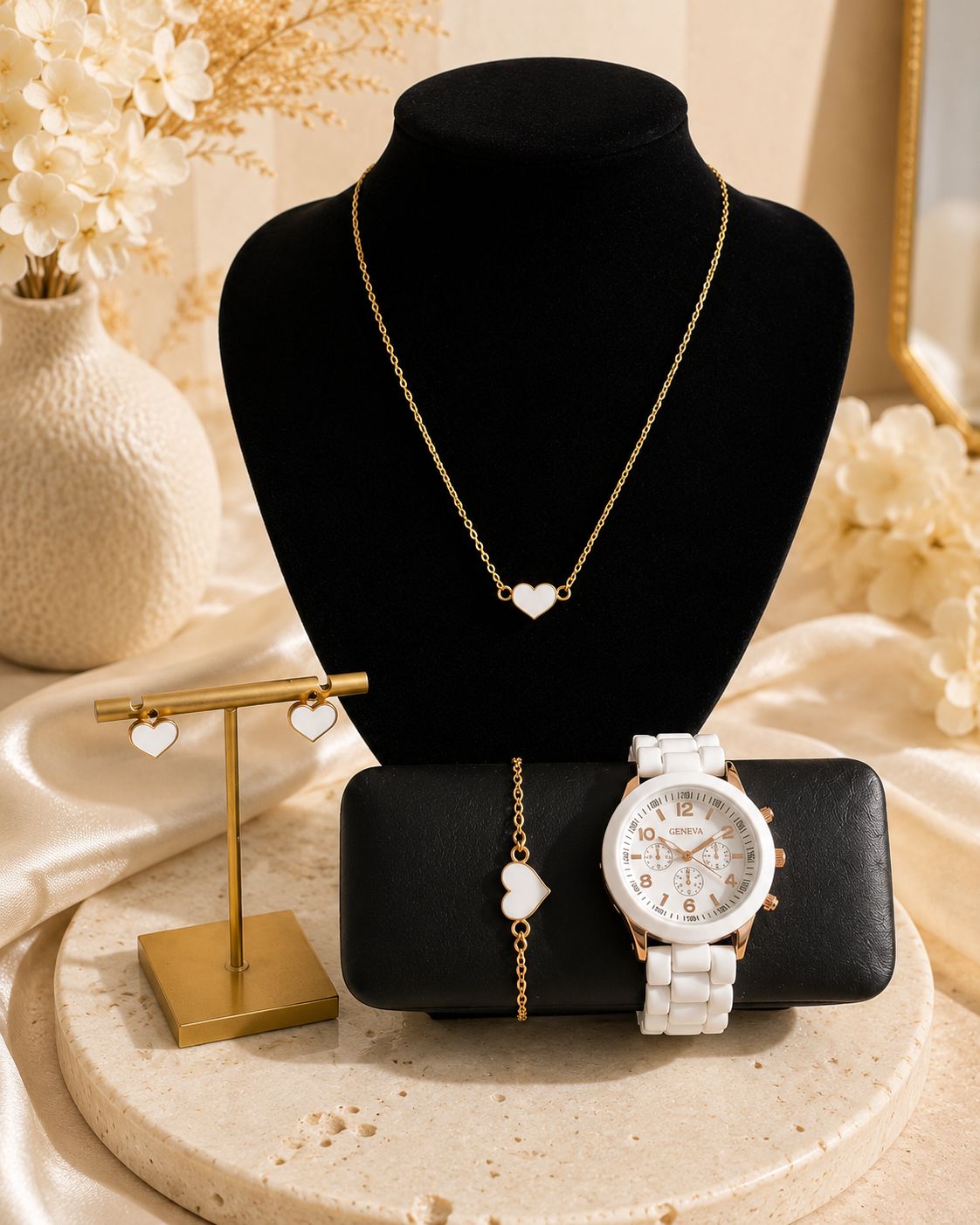 Parure Bijoux Femme Coeur Blanc et Dorée Rosée - Montre Bracelet collier boucles d'oreilles - Kassyfamily’s