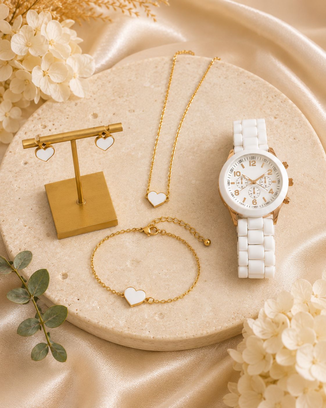 Parure Bijoux Femme Coeur Blanc et Dorée Rosée - Montre Bracelet collier boucles d'oreilles - Kassyfamily’s
