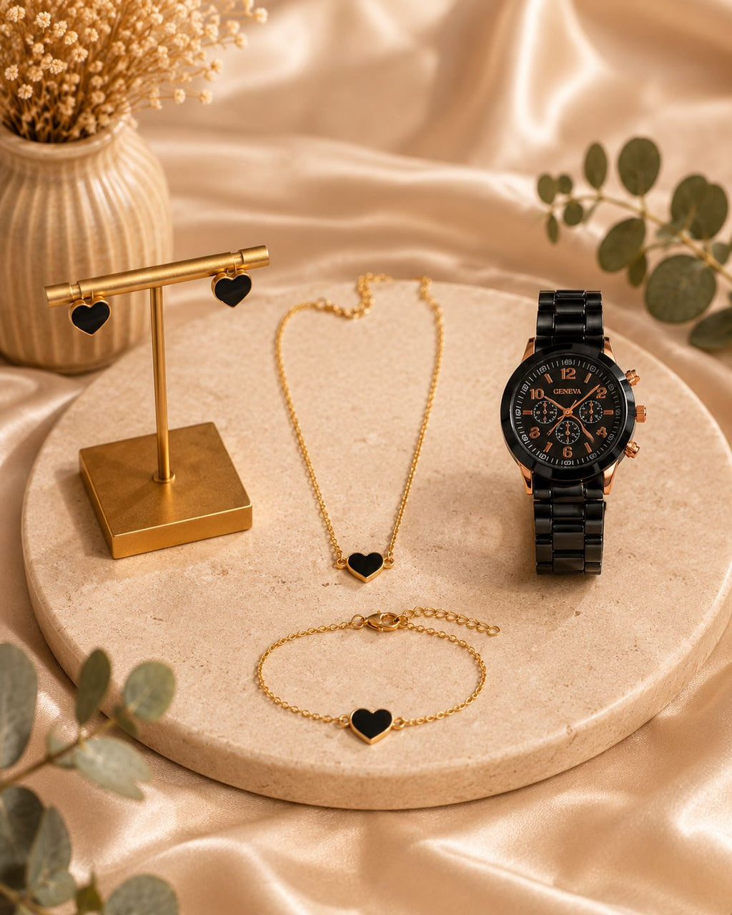 Parure Bijoux Femme Cœur Noir & doré - Montre Bracelet Collier Boucles D'oreilles - Kassyfamily’s