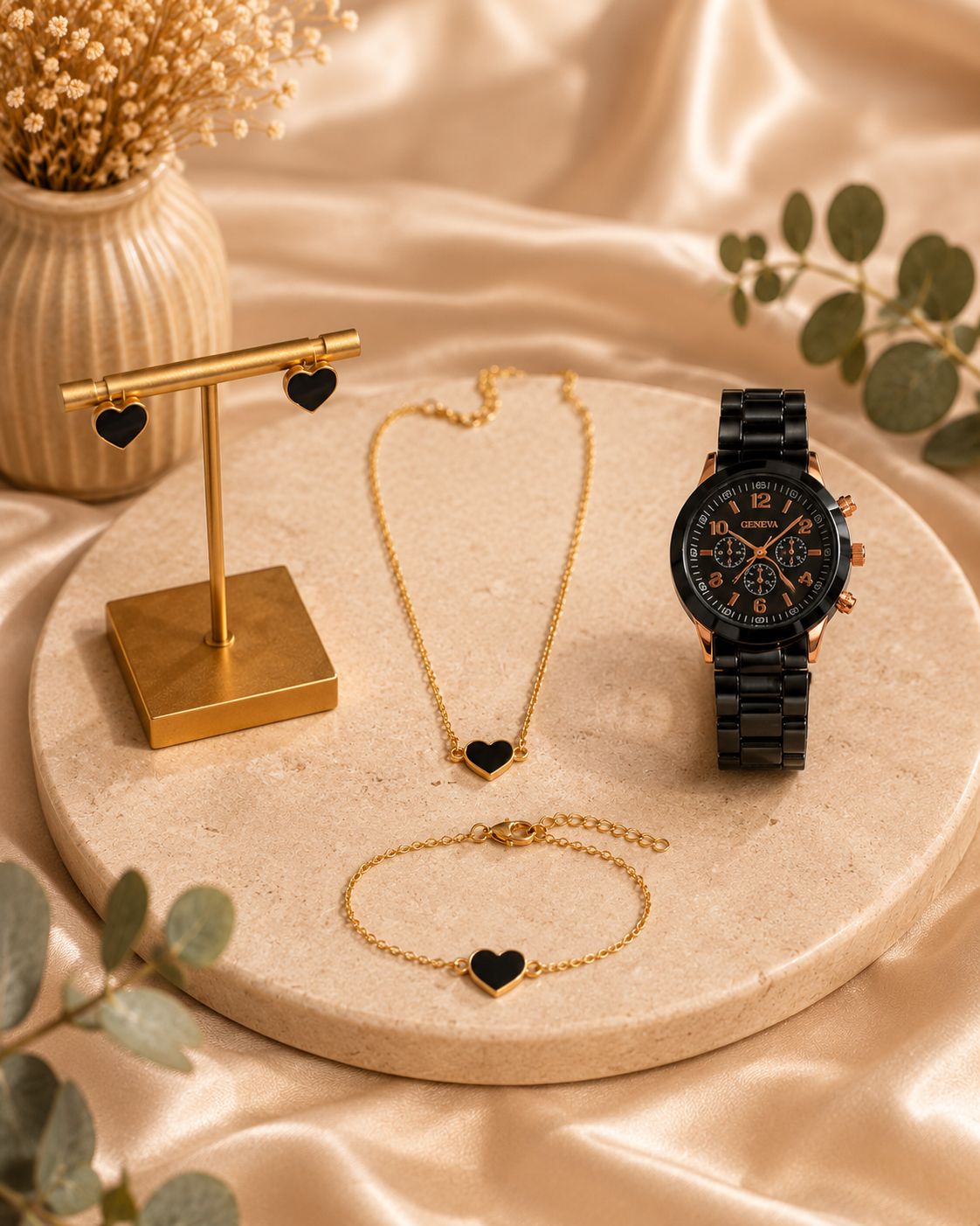 Parure Bijoux Femme Cœur Noir & doré - Montre Bracelet Collier Boucles D'oreilles - Kassyfamily’s