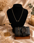 Parure Bijoux Femme Cœur Noir & doré - Montre Bracelet Collier Boucles D'oreilles - Kassyfamily’s