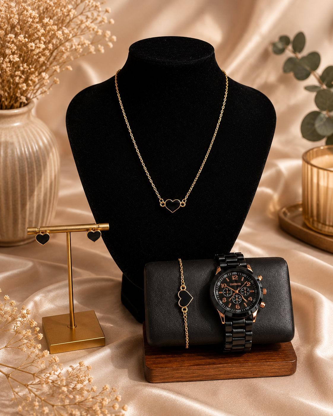 Parure Bijoux Femme Cœur Noir & doré - Montre Bracelet Collier Boucles D'oreilles - Kassyfamily’s