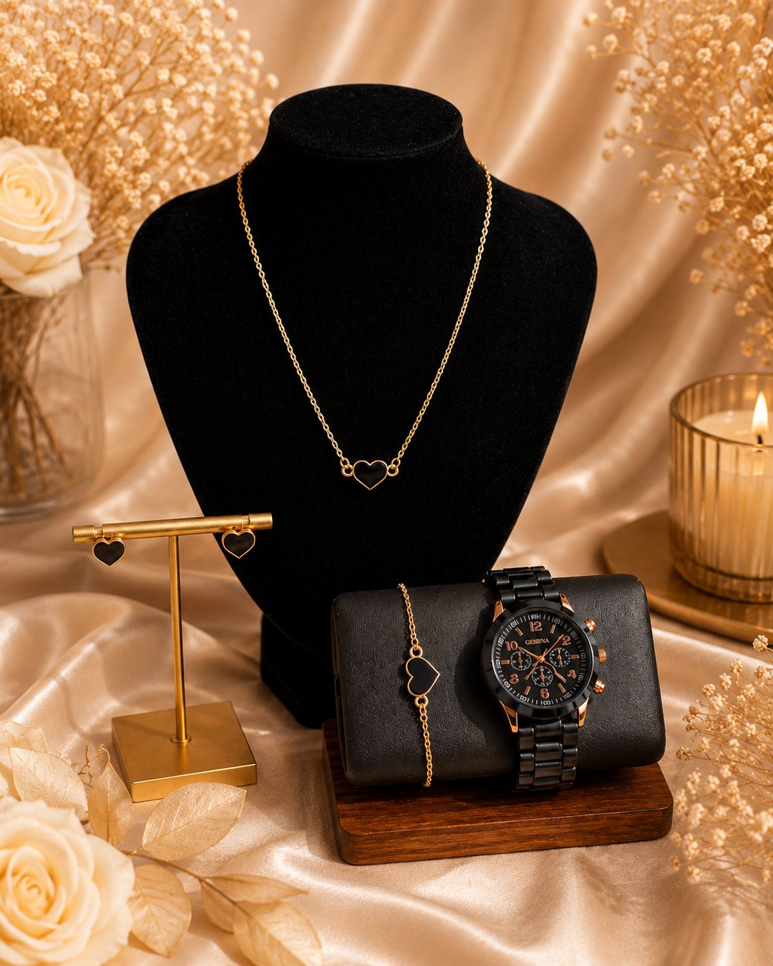 Parure Bijoux Femme Cœur Noir & doré - Montre Bracelet Collier Boucles D'oreilles - Kassyfamily’s