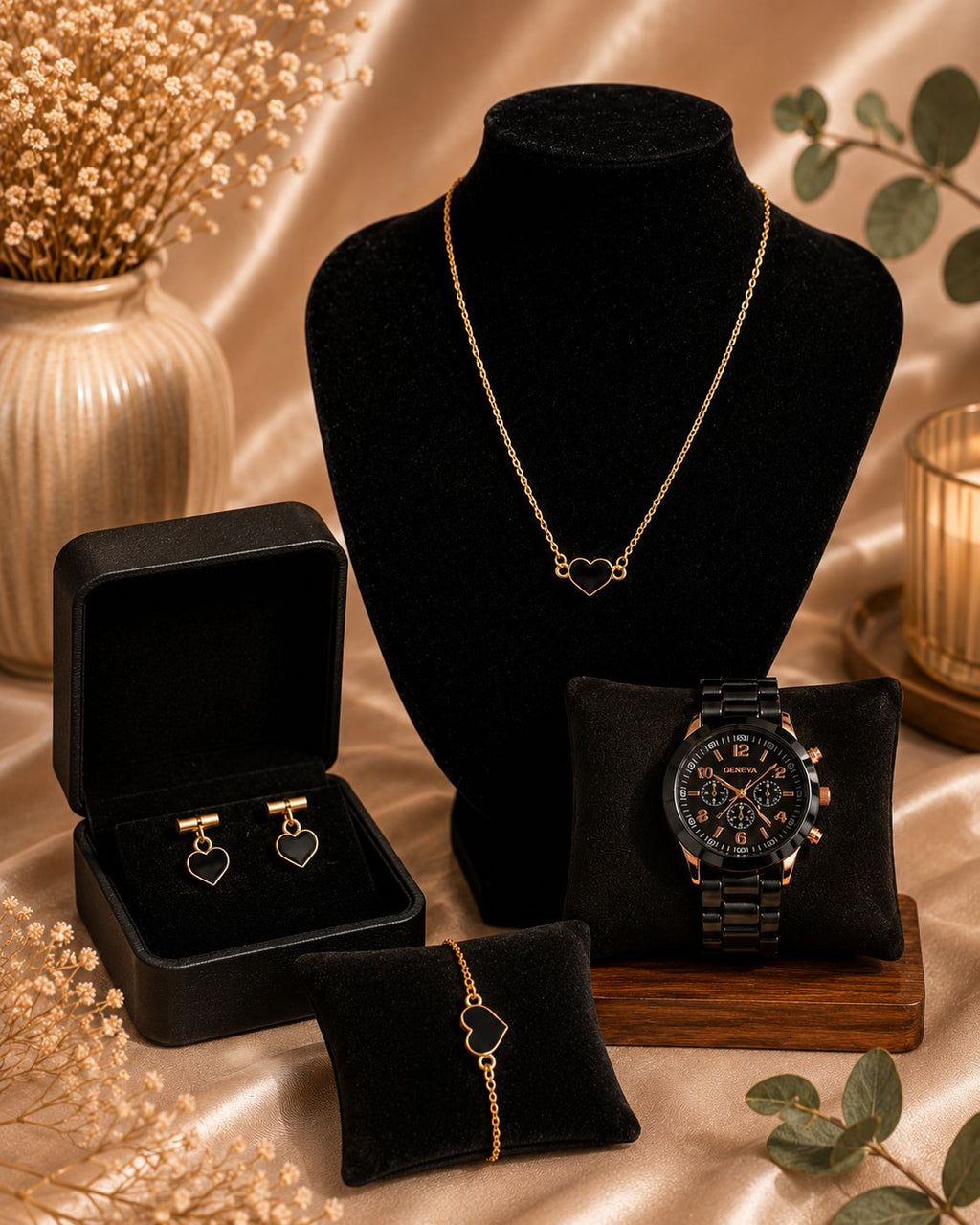 Parure Bijoux Femme Cœur Noir & doré - Montre Bracelet Collier Boucles D'oreilles - Kassyfamily’s
